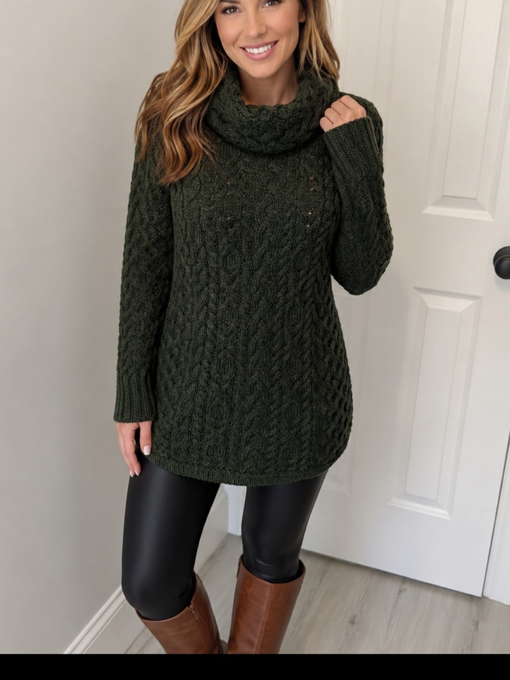 Aran Mor Merino Wool Cableknit Cowl Neck Sweater Dark Green